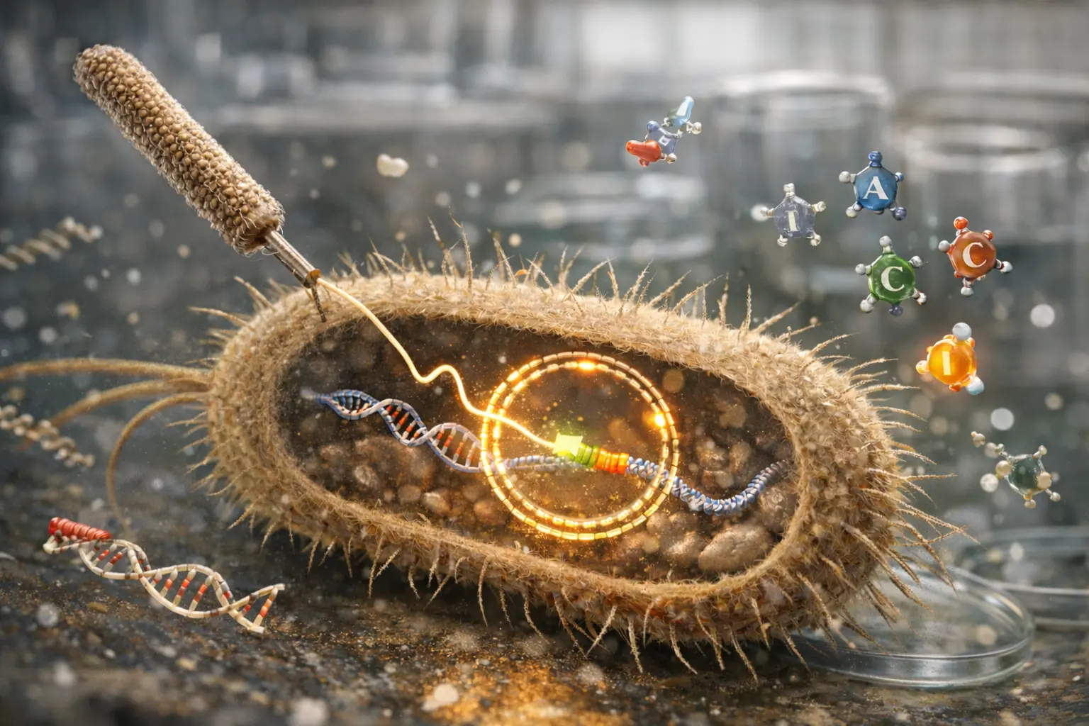 Realistic molecular visualization of M13 as a Cloning Vector, showing an M13 bacteriophage attaching to E. coli and injecting single-stranded DNA used for gene cloning in protein engineering.