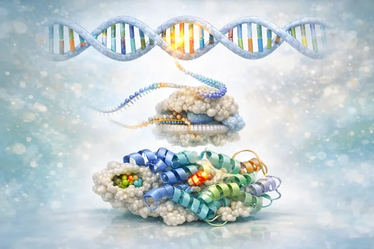 Hyper-realistic 3D illustration showing a large DNA double helix with a highlighted point mutation, an mRNA strand connecting to a ribosome, and a folded protein with a subtly altered amino acid and active site, representing precision protein engineering from mutation to functional protein.