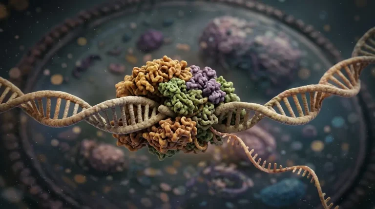 Realistic biological illustration showing the promoter of a gene with DNA, RNA polymerase II and transcription factors bound to the regulatory region inside a cell nucleus.