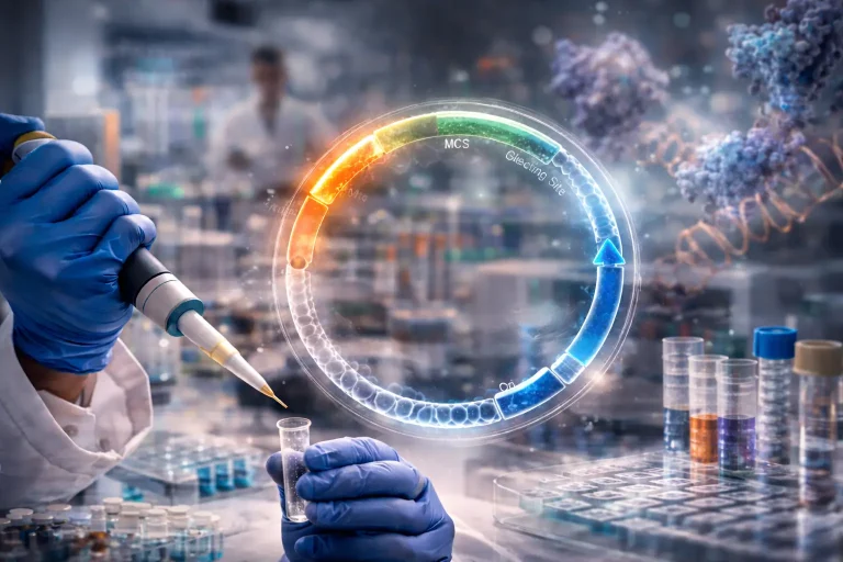 Properties of Plasmids in Protein Engineering showing circular plasmid DNA used as a template for gene cloning in a realistic laboratory environment