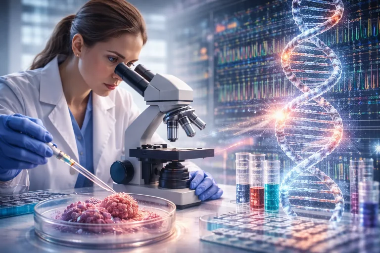 Cancer Genetics Is the Best Option for Understanding Cancer illustrated through DNA analysis in a laboratory with a scientist studying cancer cells and genetic data