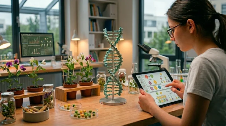 A realistic biology lab scene for a Fundamentals of Genetics Quiz 1. A student uses a tablet to study heredity next to a glowing DNA double helix model, Mendelian pea plants with purple flowers, and petri dishes containing yellow and green seeds.