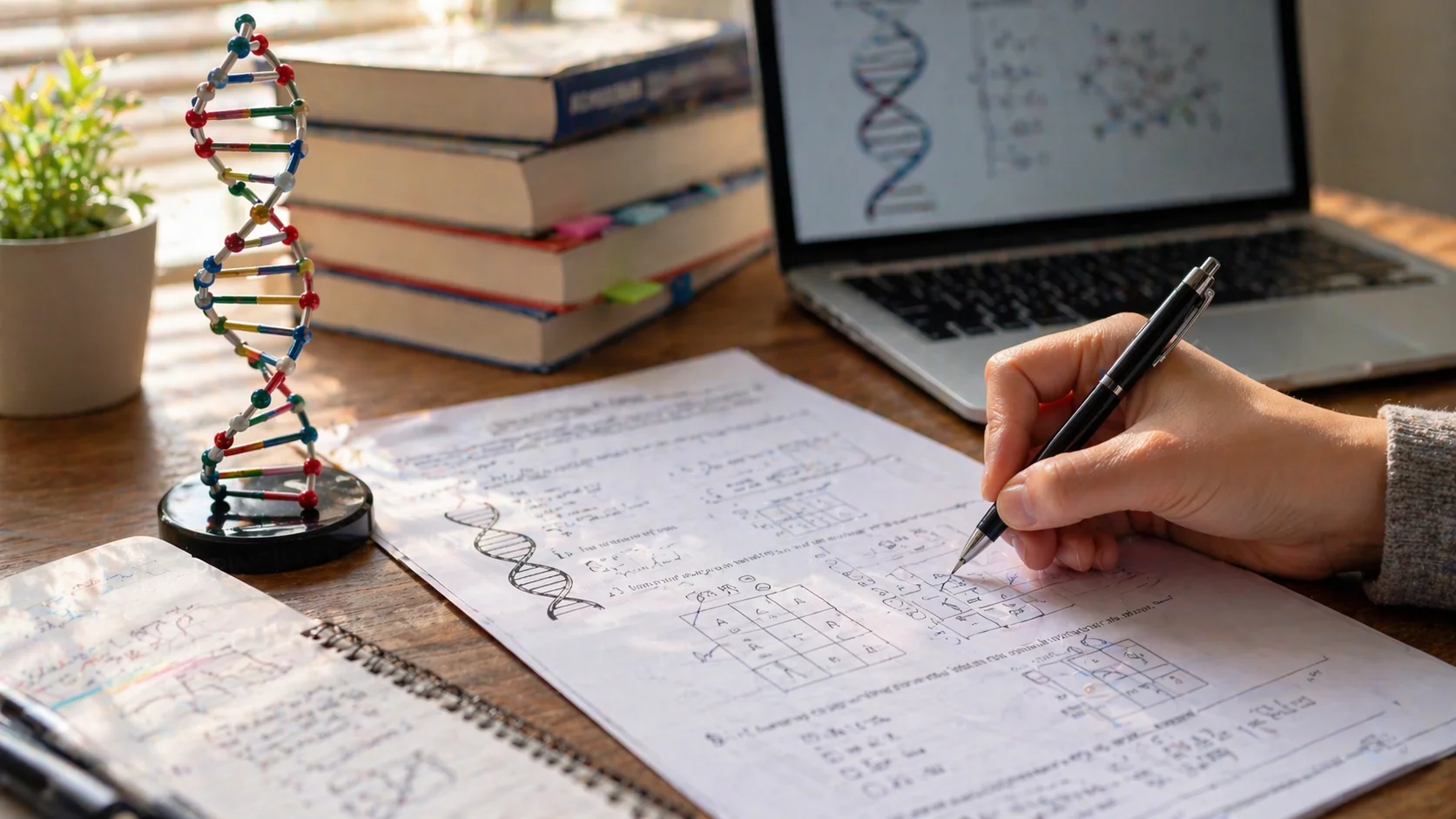 Student solving a genetics worksheet with DNA diagram and Punnett square on a desk, representing Fundamentals of Genetics Quiz 2