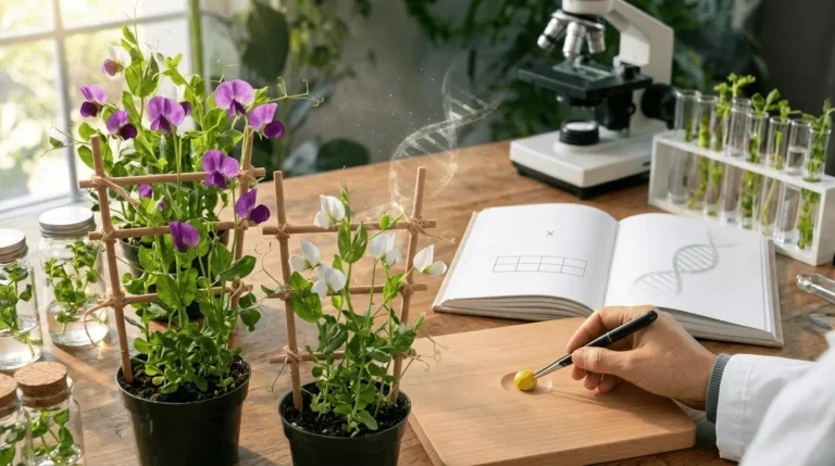 A photorealistic image for a Mendel’s Law of Dominance Quiz, showing a researcher in a lab coat selecting traits on a wooden board. In front of them are real pea plants with purple (dominant) and white (recessive) flowers, set against a background of a biology textbook, microscope, and test tubes.