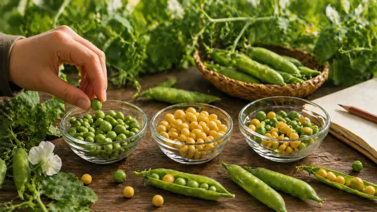 Realistic scene showing a hand selecting peas between separate green and yellow bowls illustrating Mendel’s Law of Segregation Quiz concept