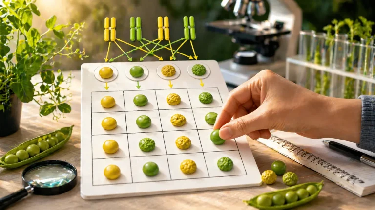 A close-up view of a tactile, 3D genetic cross-board used in a Law of Independent Assortment Quiz. A hand interacts with colorful yellow and green pea seed tokens on a 4x4 grid, representing the phenotypic results of a dihybrid cross. The background shows a microscope and test tubes on a biology lab bench.