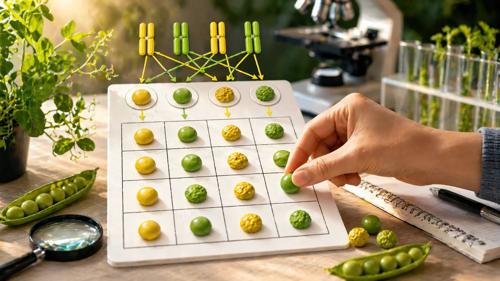 A close-up view of a tactile, 3D genetic cross-board used in a Law of Independent Assortment Quiz. A hand interacts with colorful yellow and green pea seed tokens on a 4x4 grid, representing the phenotypic results of a dihybrid cross. The background shows a microscope and test tubes on a biology lab bench.