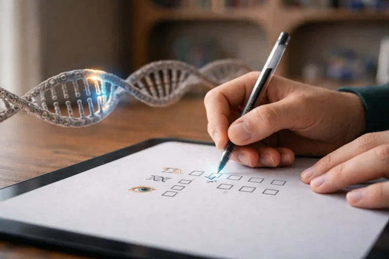 A close-up of a student's hand marking a monogenic inheritance genetics quiz next to a glowing 3D DNA double helix model.