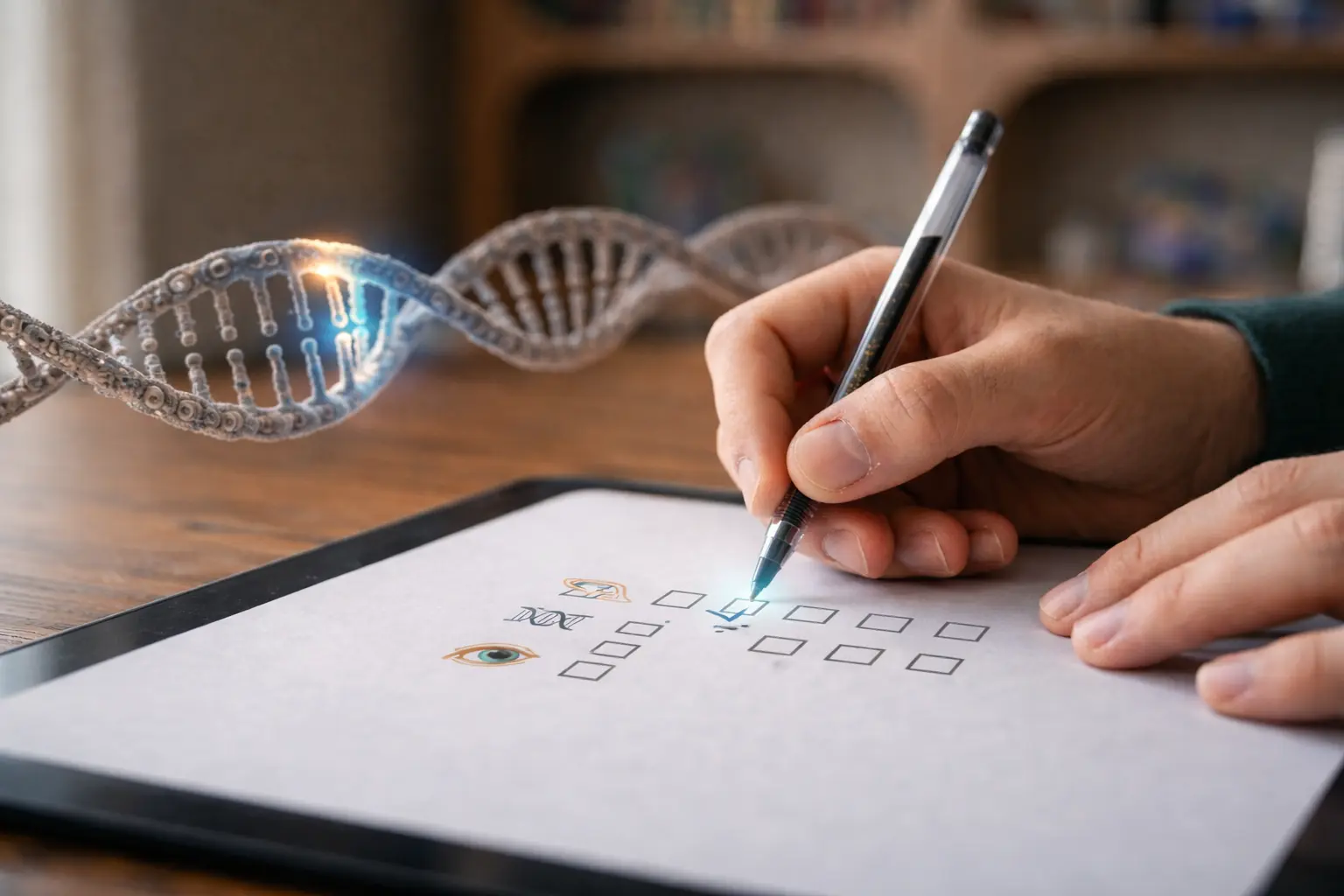 A close-up of a student's hand marking a monogenic inheritance genetics quiz next to a glowing 3D DNA double helix model.