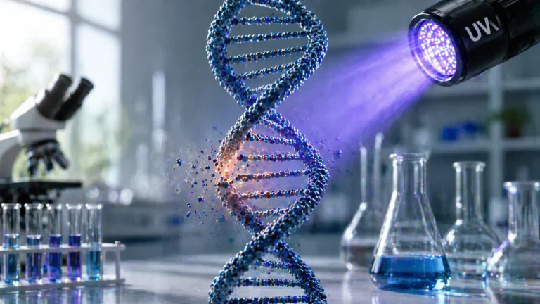 Realistic DNA damage caused by UV radiation in a laboratory, illustrating mutagenic agents in molecular biology – Mutagenic Agents Quiz