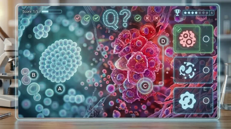 A student participating in an online Classification of Cancer Quiz, where they compare a cluster of healthy blue-green cells against irregular, highly colored red-pink cancer cell clusters. A large glowing question mark (Q?) is centered, and a multiple-choice panel with a "Score: 1/1" is visible for the user's active answer.