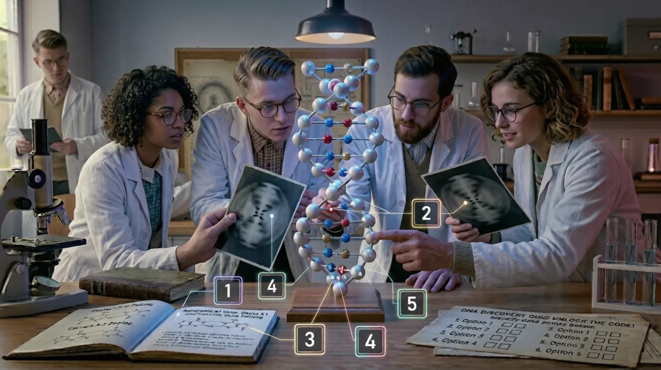 Four young biology students in a lab collaborating on a DNA discovery quiz, analyzing a double helix molecular model and Photo 51 X-ray diffraction data.