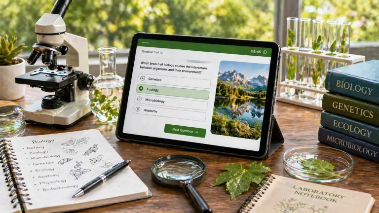Branches of Biology Quiz displayed on tablet with biology lab setup including microscope, plant samples, and study notes in a natural learning environment
