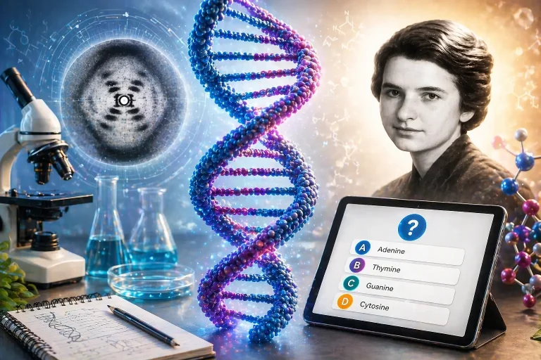 An interactive Molecular Biology Quiz-1 on a tablet, displaying multiple-choice questions about nucleotide bases like Adenine and Thymine, set against a background of a 3D DNA model, laboratory beakers, and a microscope.