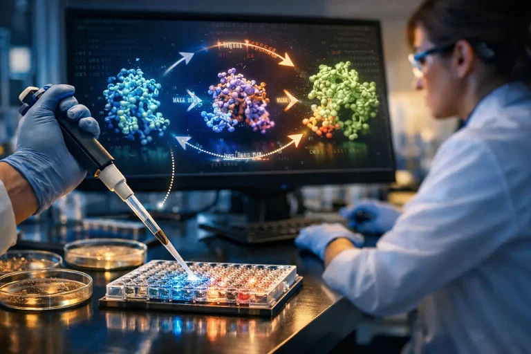 Directed Evolution in Protein Engineering Unlock New Potentials showing a scientist using a micropipette to screen evolving protein variants in a modern biotechnology laboratory