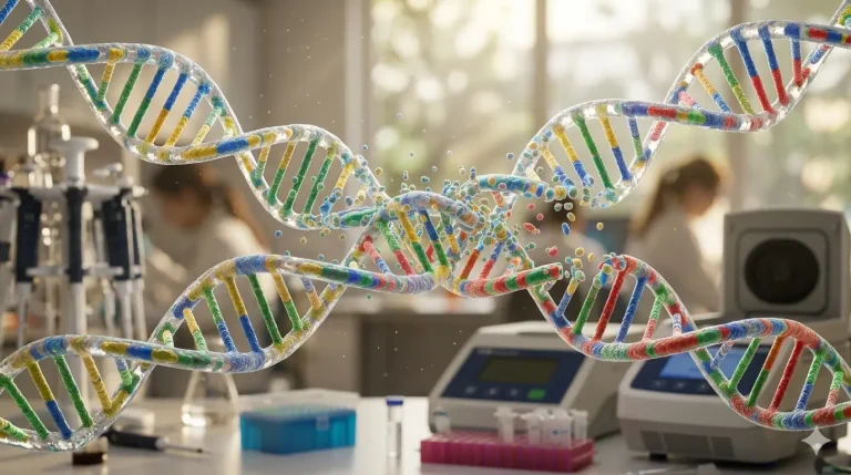A high-resolution 3D visualization of DNA Shuffling Techniques showing homologous genetic strands fragmenting and reassembling into new mosaic sequences within a sophisticated biotechnology laboratory setting, with scientists observing data in the background.
