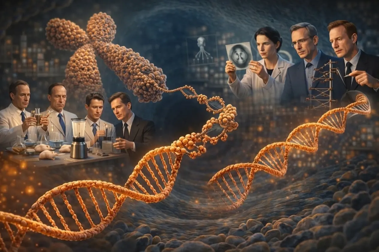 A historical scientific visualization on Nucleic Acids Discoveries, featuring a detailed metaphase X-chromosome, an unraveling nucleosome fiber, and a physical DNA Double Helix model with annotated chemical structures. Integrated into the background are archival portraits of scientists Rosalind Franklin holding Photo 51, Maurice Wilkins, and the Watson and Crick team interacting with their molecular model.