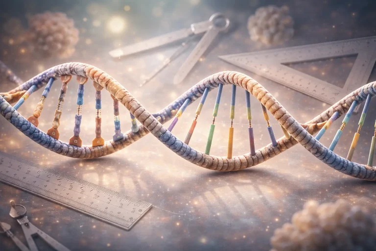 Realistic scientific illustration of DNA Geometry showing a detailed double-helix structure with visible base pairs and sugar-phosphate backbone in a biological environment.