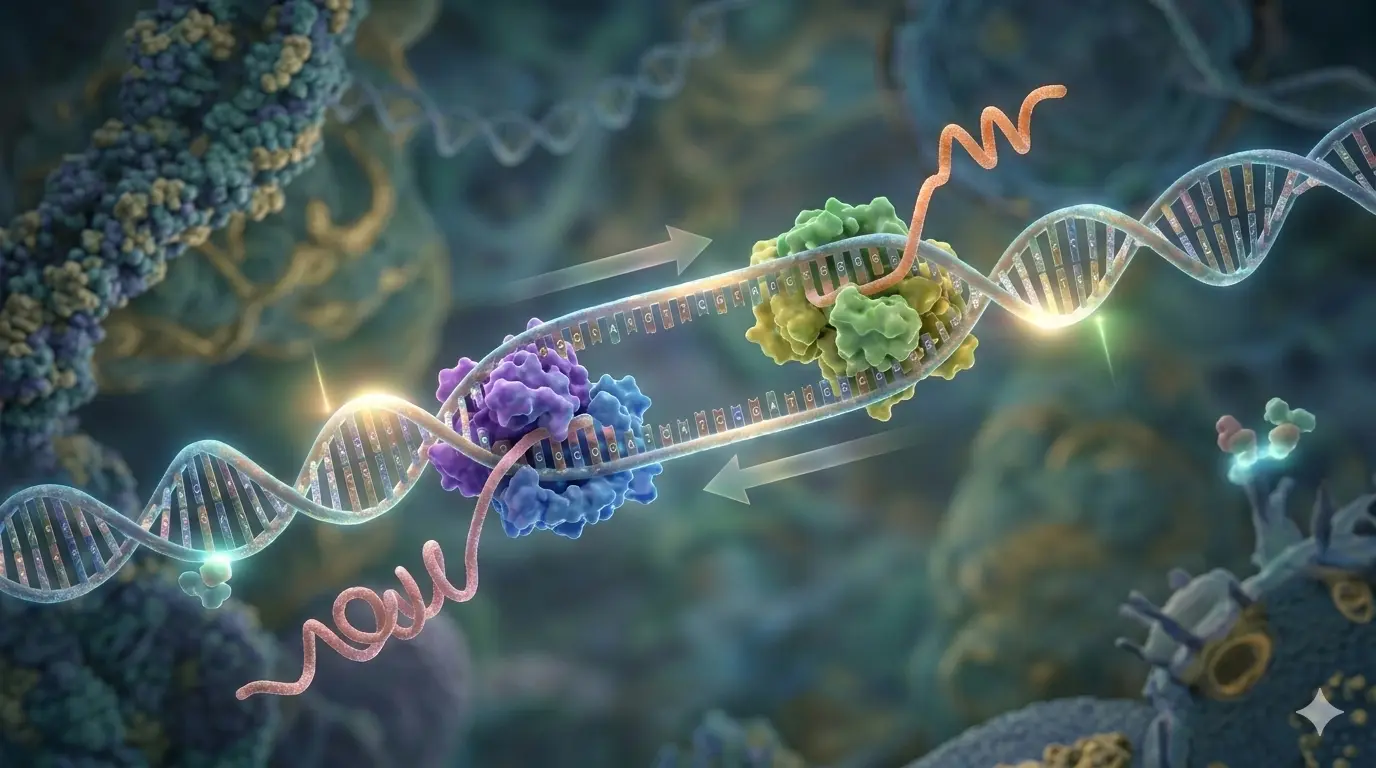 An ultra-realistic molecular illustration of two convergent DNA strands facing each other. Two RNA polymerase complexes move along the strands with translucent directional indicators showing coordinated transcription. Glowing transcription factor binding sites and nascent RNA transcripts emerge from the DNA. The scene includes chromatin texture and a soft-focus genomic background, with cinematic natural lighting and highly detailed molecular structures.