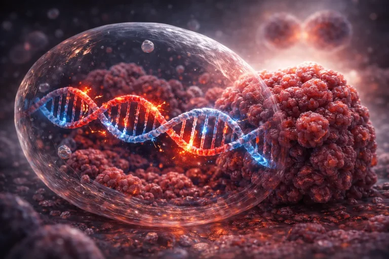 Cancer genes and tumor formation illustrated through mutated DNA inside a human cell, showing oncogene activation and tumor growth from genetic damage