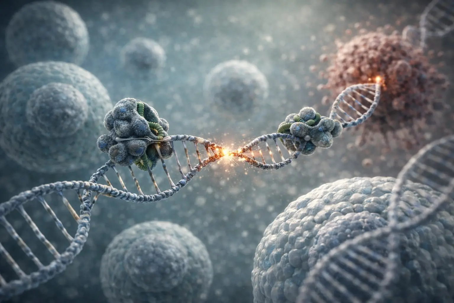 DNA repair genes activating protein complexes to fix a damaged DNA double helix and maintain genome stability