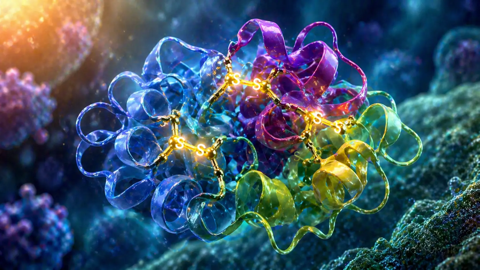 Realistic 3D protein structure stabilized by glowing disulfide bonds in protein design, showing sulfur bridges enhancing structural stability