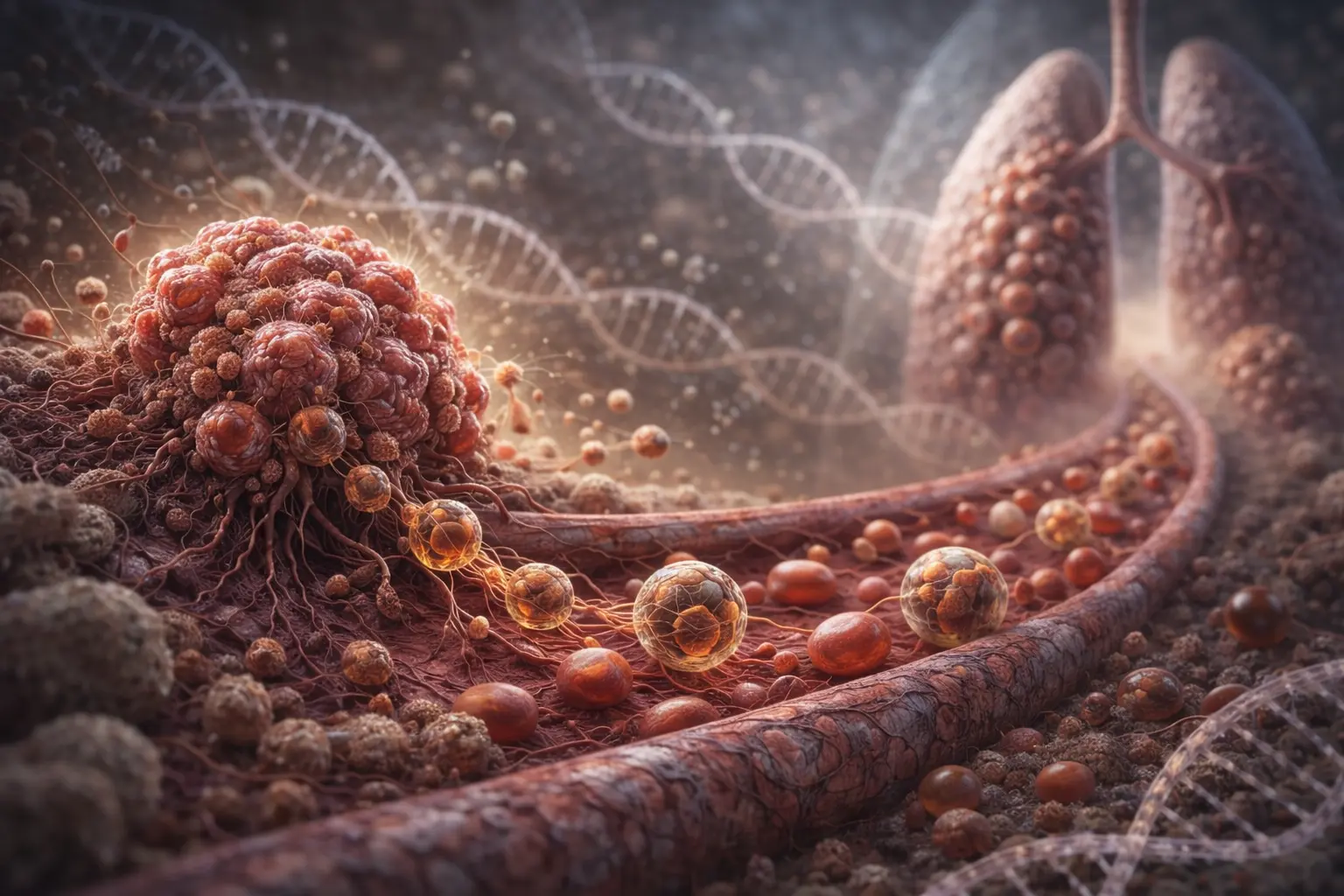Metastasis Uncovered: How Cancer Spreads at Molecular Level showing cancer cells moving from a primary tumor through blood vessels to form secondary tumors in the lungs