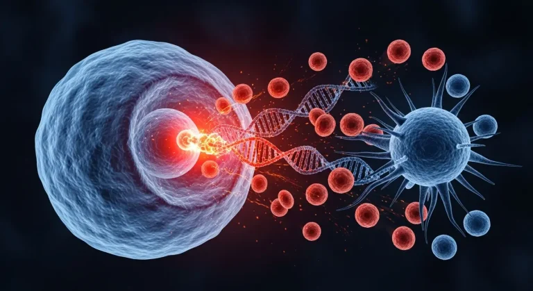 3D scientific illustration showing DNA mutation transforming a normal cell into a cancer cell, representing proto-oncogene activation and uncontrolled cell growth.