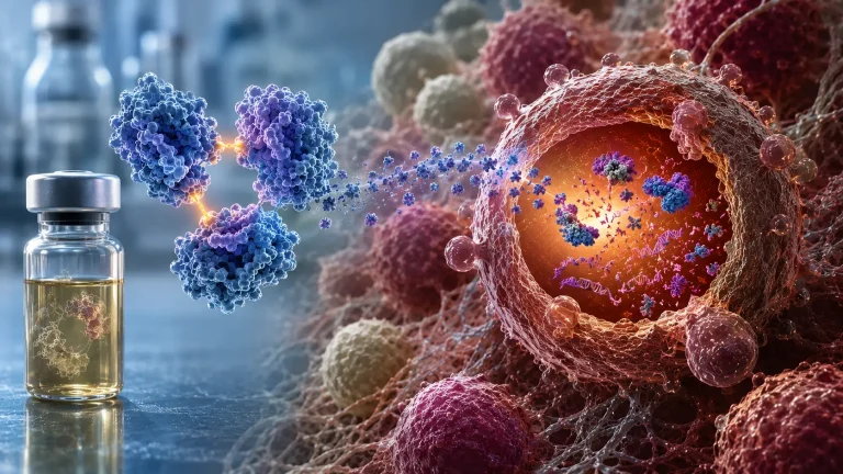 Engineered RNase protein targeting a tumor cell in a realistic biomedical illustration showing selective cancer therapy, RNA degradation, and tumor-cell apoptosis in a laboratory-to-tumor microenvironment scene.