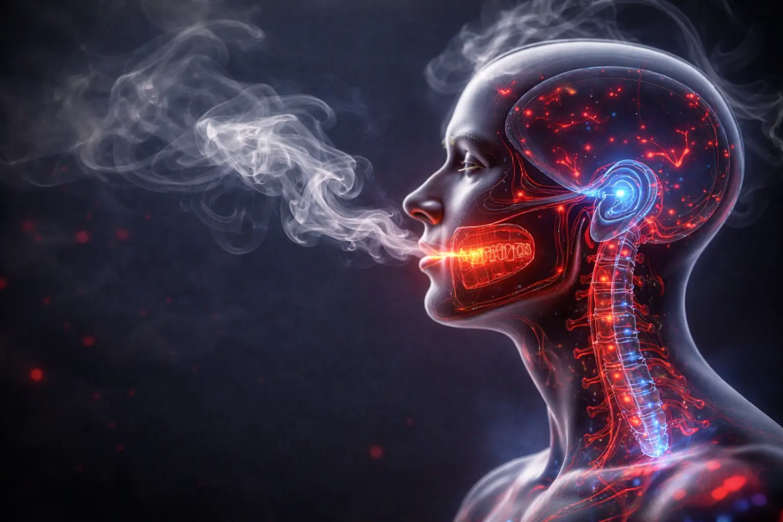 Hyper-realistic medical illustration of a human head and neck showing the internal effects of tobacco smoke, highlighting neural pathways, oral cavity damage, and genetic impact linked to head and neck cancers.