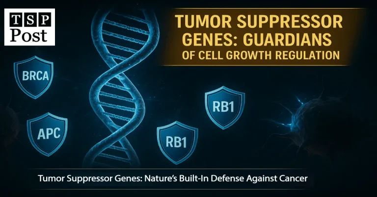 Illustration of DNA and shield icons representing tumor suppressor genes BRCA, APC, and RB1, highlighting their role in regulating cell growth and preventing cancer.