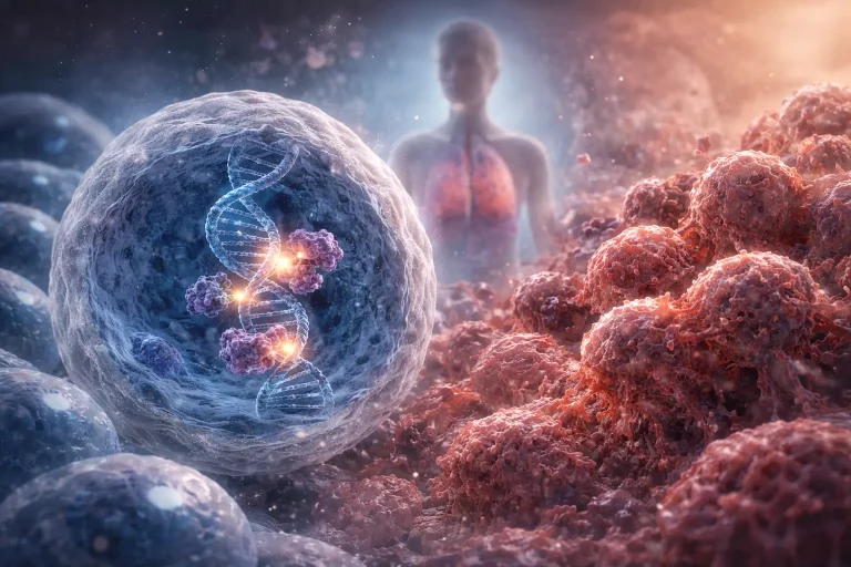 Tumor Suppressor Genes: Guardians of Cell Growth Regulation showing DNA repair inside a healthy cell preventing tumor formation with surrounding cancer cells and human lung context