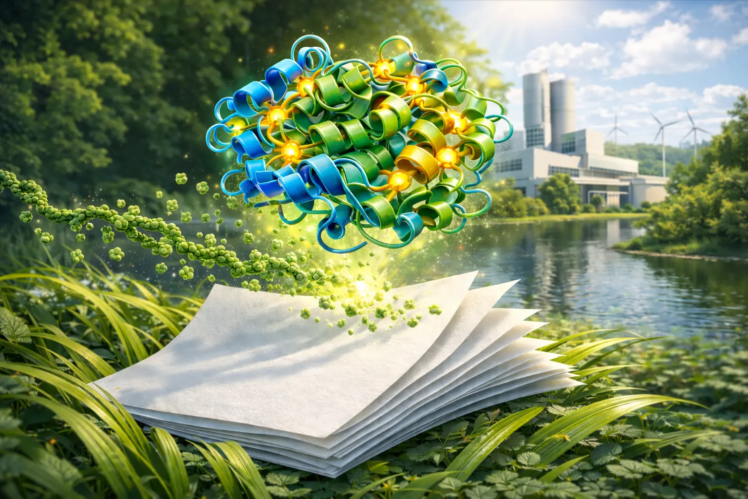 Engineered Xylanase enzyme actively breaking down plant fibers into eco-friendly paper, showcasing protein modifications for sustainable biotechnology.