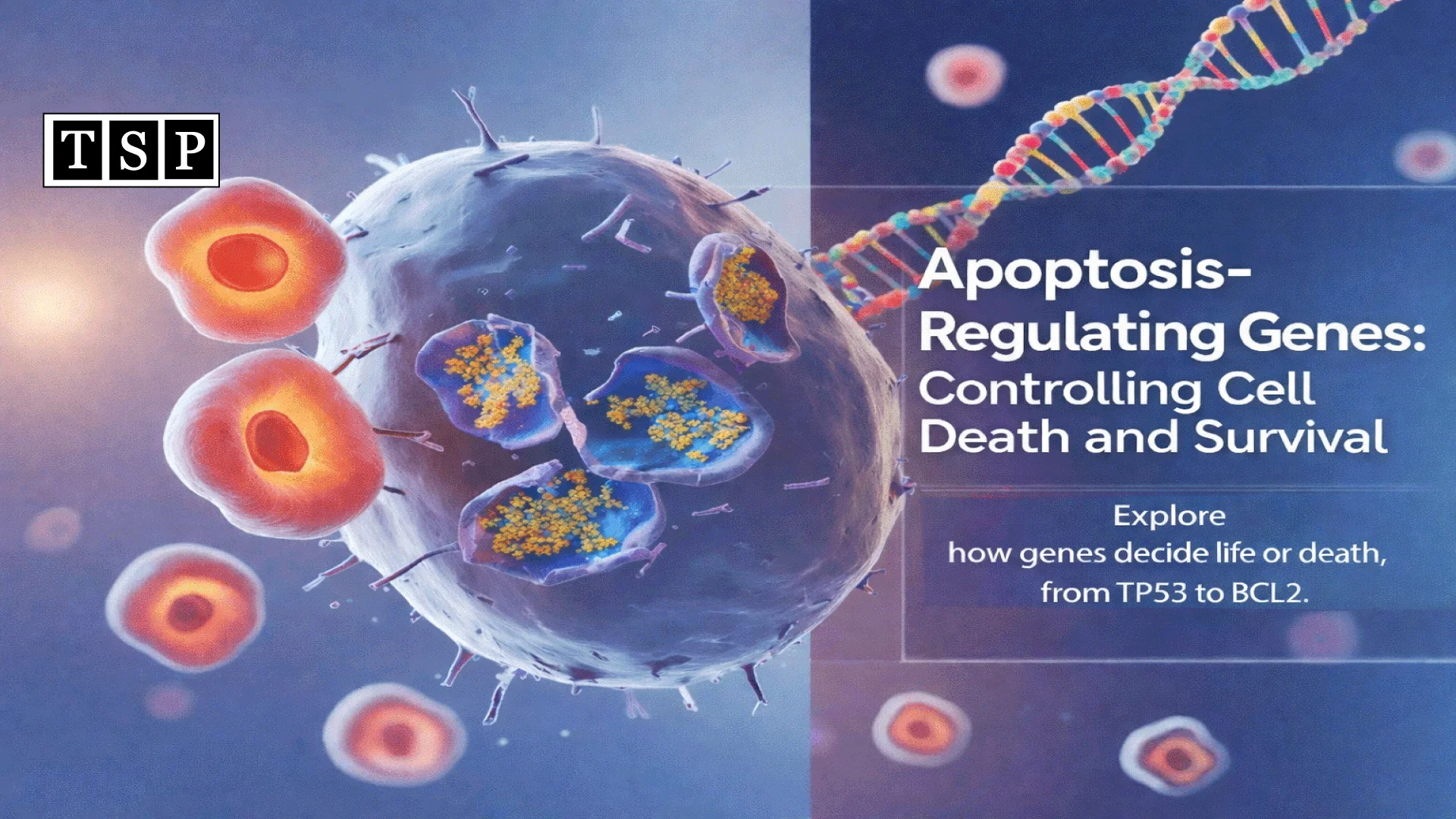 3D illustration of apoptosis-regulating genes showing a cell undergoing programmed cell death with DNA strand and highlighted TP53 and BCL2 pathways.