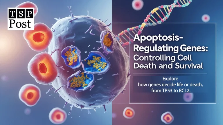 D illustration of apoptosis-regulating genes showing a cell undergoing programmed cell death with DNA strand and highlighted TP53 and BCL2 pathways.