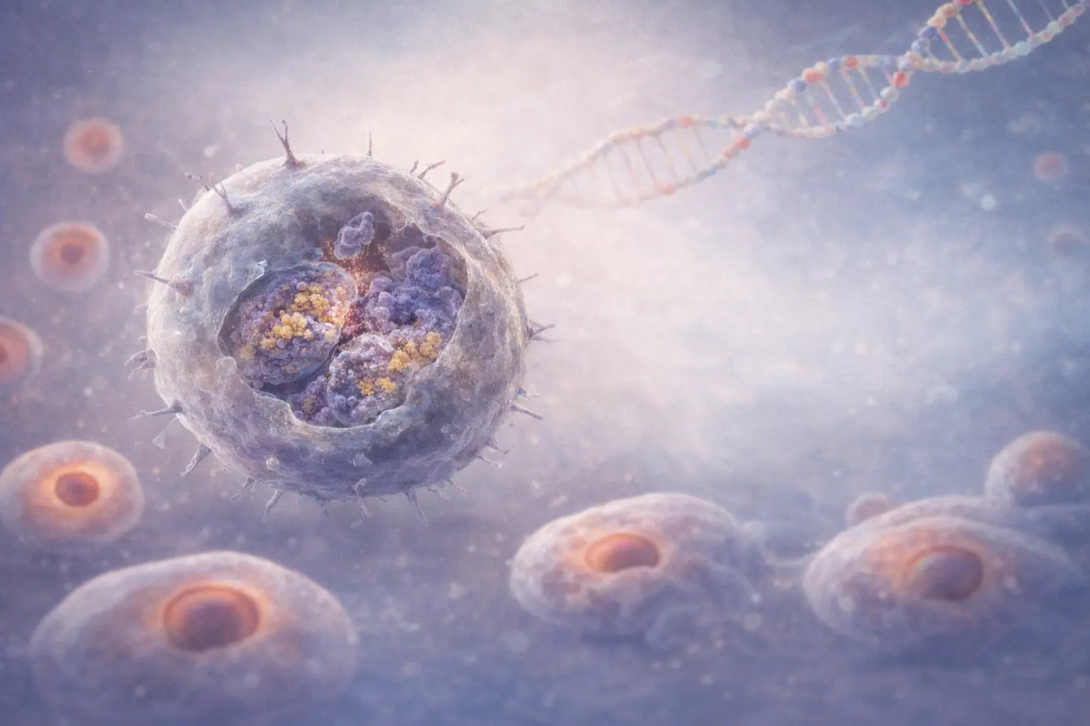 Apoptosis illustration showing cells self-destructing under the control of apoptosis-regulating genes