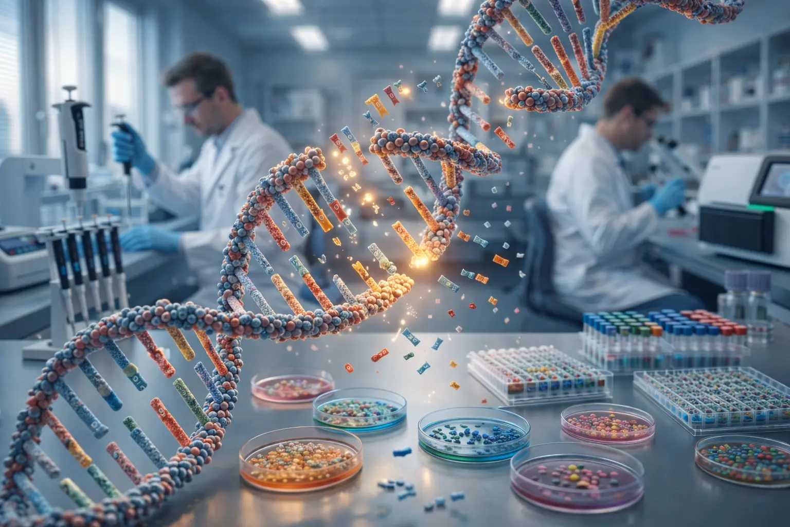Realistic laboratory visualization of DNA undergoing Random Insertion/Deletion Mutagenesis, showing inserted and deleted nucleotide fragments generating diverse mutant genetic variants for protein engineering research.