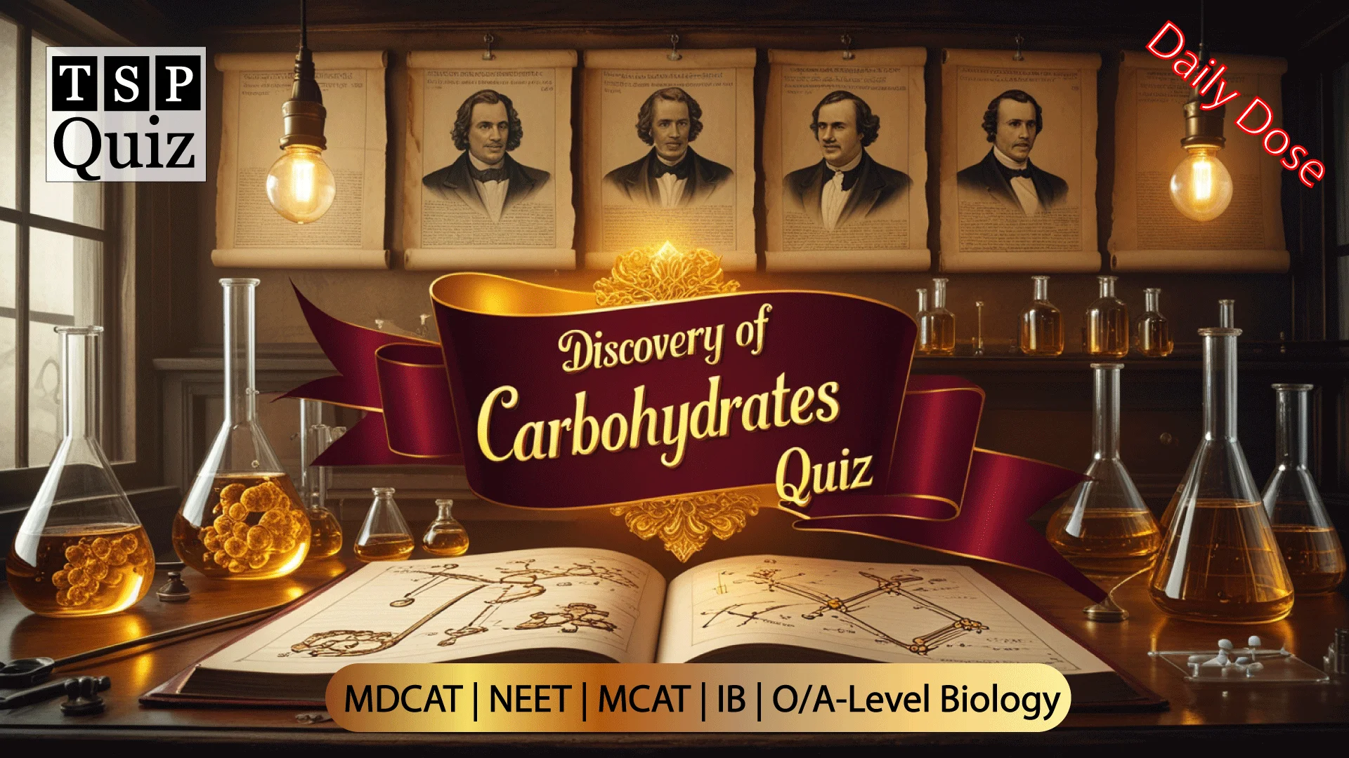 A vibrant educational graphic showing carbohydrate molecules like glucose and sucrose, quiz icons, and biochemistry elements to represent the “Discovery of Carbohydrates Quiz.