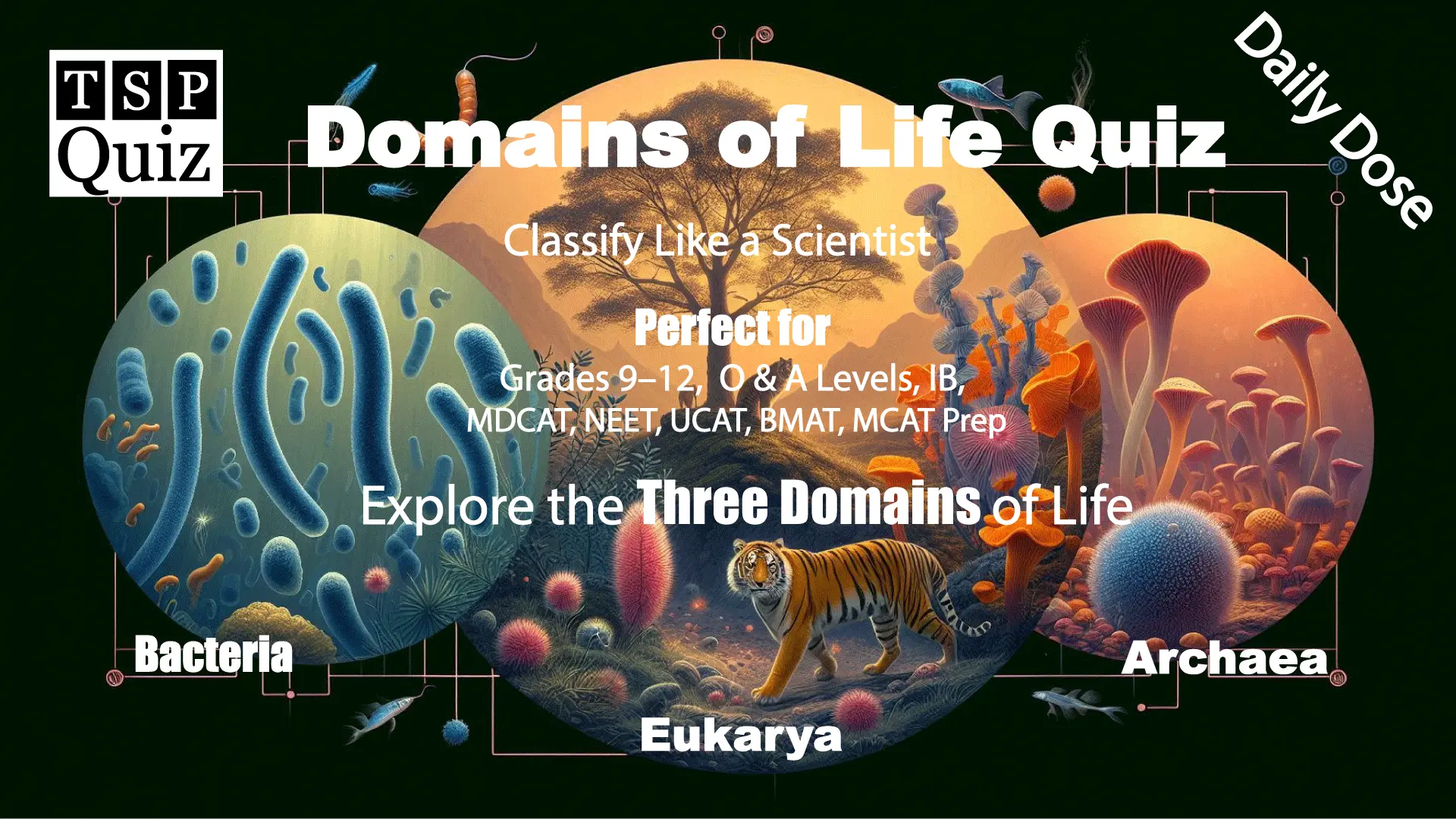 Illustrated Domains of Life quiz banner showing Bacteria, Archaea, and Eukarya with microbes, fungi, plants, and a tiger representing biological classification.