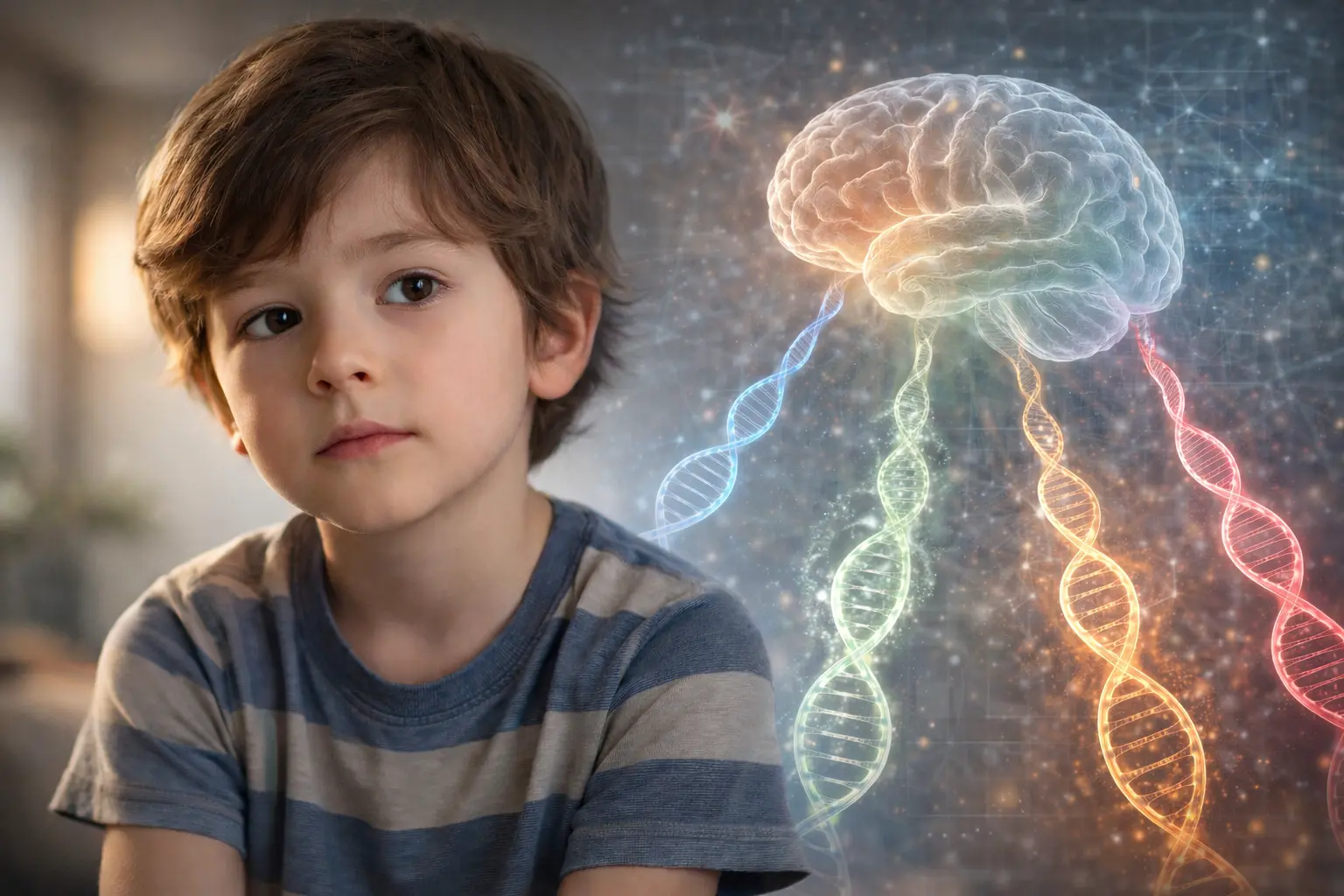 Autism Genetics Decoded showing a child with a brain and four distinct DNA pathways representing genetically defined autism subtypes