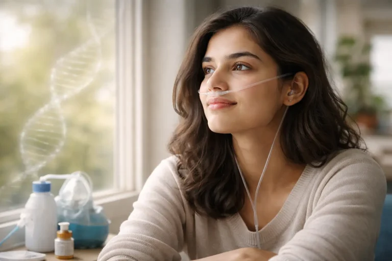 Cystic Fibrosis Life Expectancy – realistic image of a young patient with oxygen support and subtle DNA background showing genetic influence on survival