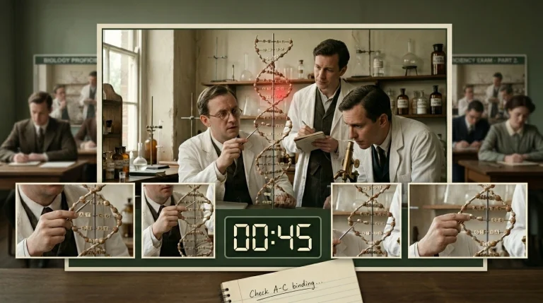 An educational composite illustration with a friendly, vintage feel, capturing three historical scientists intensely collaborating in a lab. They are huddled around a large, hand-built DNA model, with one base pair glowing red to signify a specific mystery. Below, close-up panels show different options for the bases, as if you are helping them solve the puzzle. A retro digital timer in the center counts down from 45 seconds, adding urgency to a handwritten clue at the bottom that says, "Check A-C binding...".