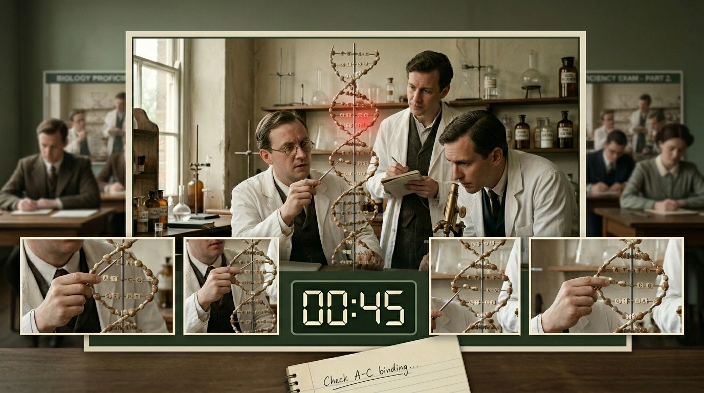 An educational composite illustration with a friendly, vintage feel, capturing three historical scientists intensely collaborating in a lab. They are huddled around a large, hand-built DNA model, with one base pair glowing red to signify a specific mystery. Below, close-up panels show different options for the bases, as if you are helping them solve the puzzle. A retro digital timer in the center counts down from 45 seconds, adding urgency to a handwritten clue at the bottom that says, "Check A-C binding...".