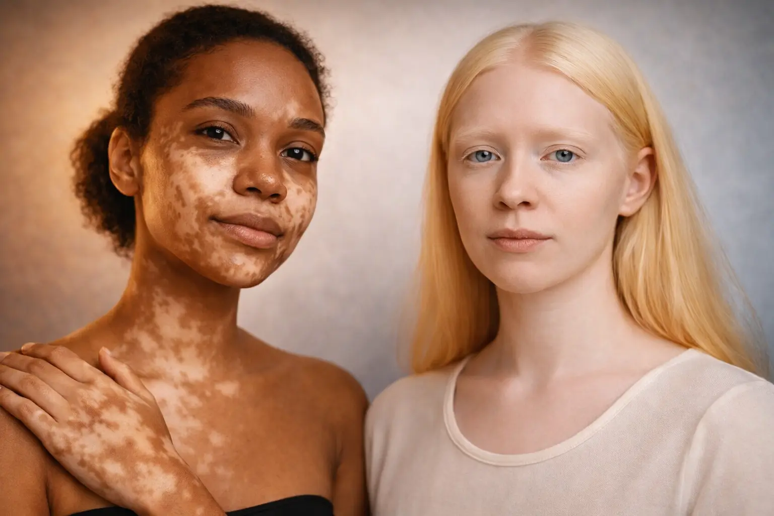Albinism vs Vitiligo comparison showing uniform genetic hypopigmentation and patchy autoimmune depigmentation on human skin in a realistic side-by-side portrait