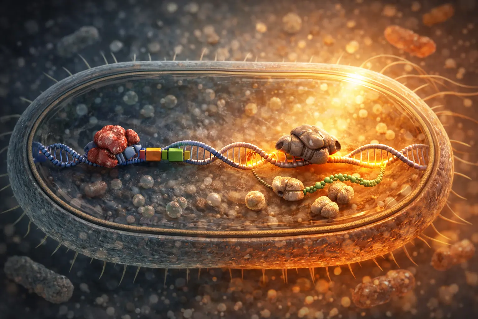 Realistic illustration of Control of Gene Expression in Prokaryotes showing operon regulation with repressor protein blocking transcription and RNA polymerase activating gene expression inside a bacterial cell