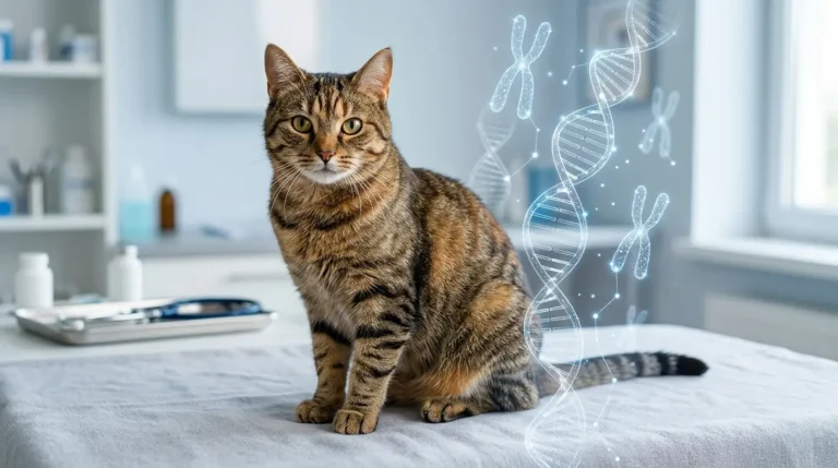 A healthy tabby cat in a veterinary setting illustrating why Down Syndrome in cats is a genetic impossibility through a DNA strand and chromosome overlay.