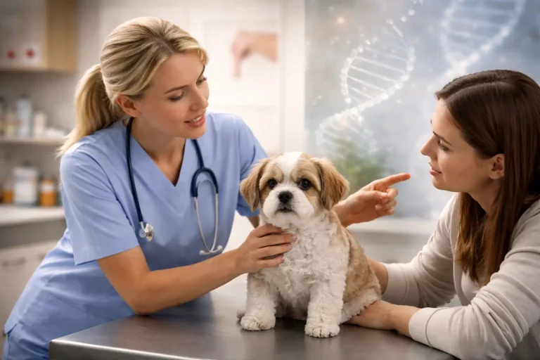 Down Syndrome in Dogs. Veterinarian examining a small dog