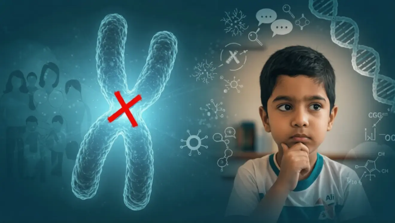 Fragile X Syndrome illustration showing a child with cognitive challenges and a highlighted X chromosome representing the genetic cause of intellectual disability