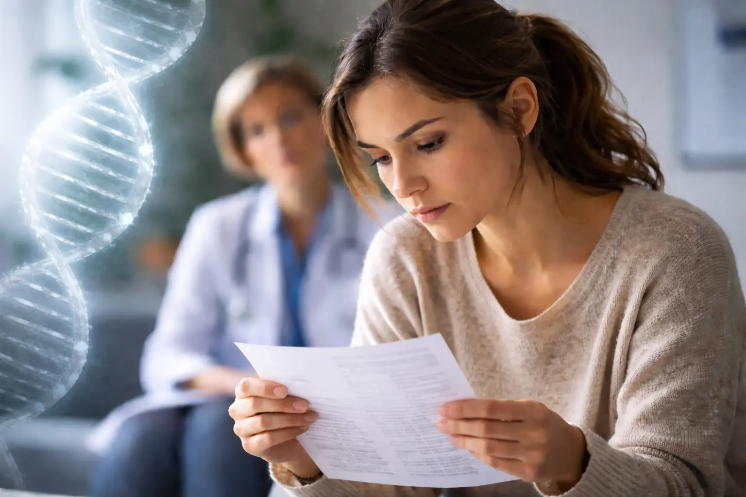 Young woman reviewing genetic test results in a clinic, reflecting emotional impact of Genetic screening Huntington’s disease and uncertainty about inherited risk