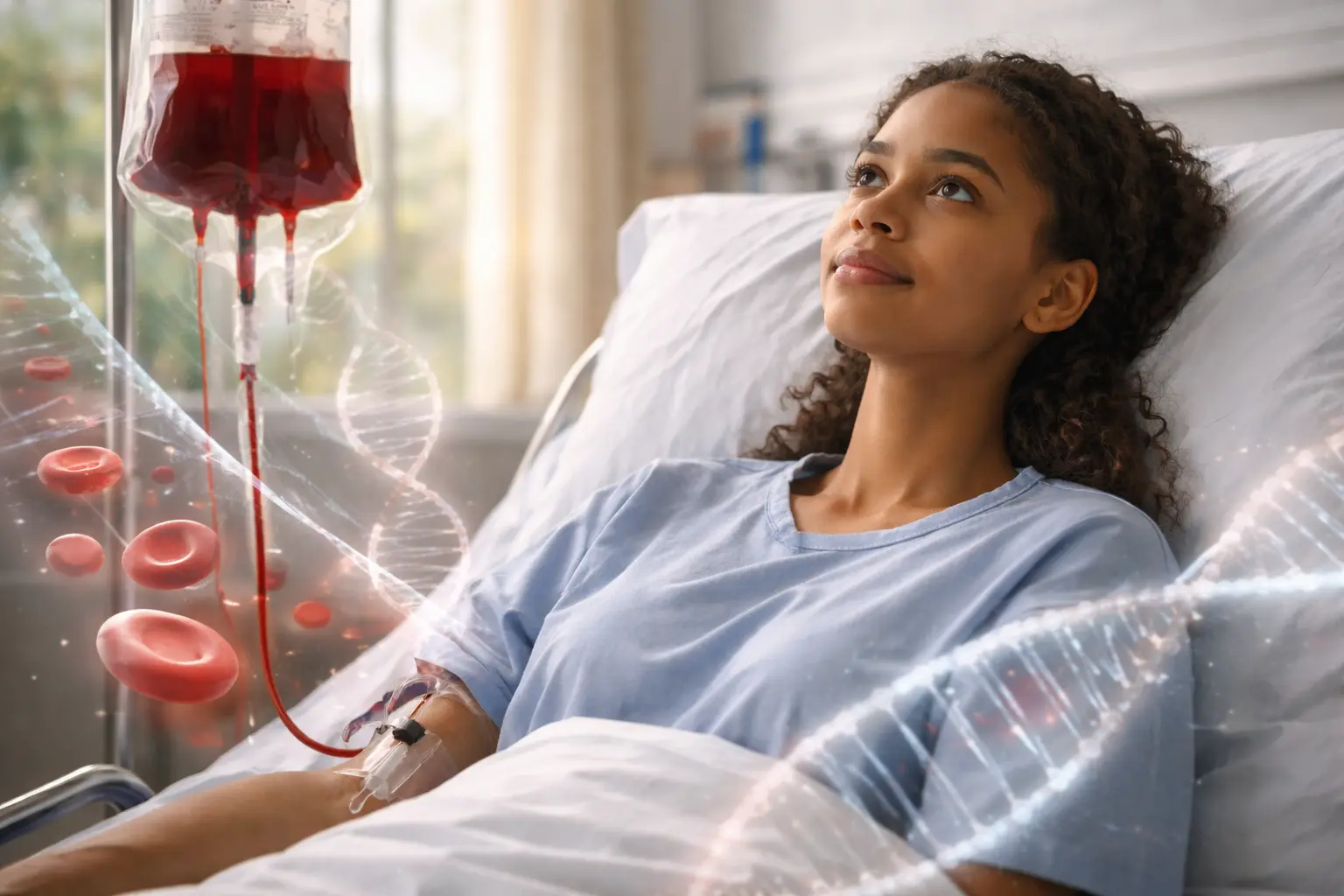 Transfusion in Sickle Cell Disease showing a patient receiving blood transfusion with genetic DNA overlay and sickle-shaped red blood cells in a realistic clinical setting